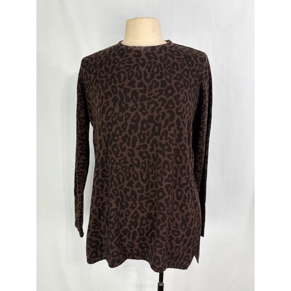 Nina Charles for Kasper Leopard Print Long Sleeve‎ Knit Sweater Top Crew Neck M